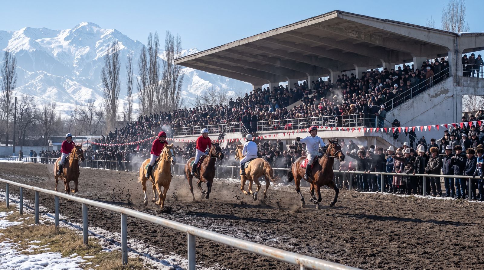 Racehorses passing packed stands at the State Hippodrome