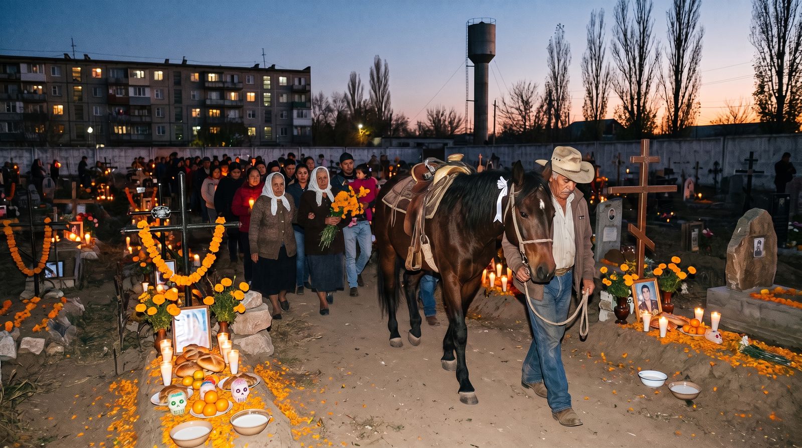 A man leads a riderless horse through a candlelit procession among marigolds in Semiz cemetery