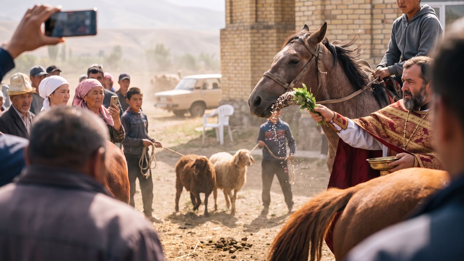 A priest blessing horses at the Feast of St. Janyl