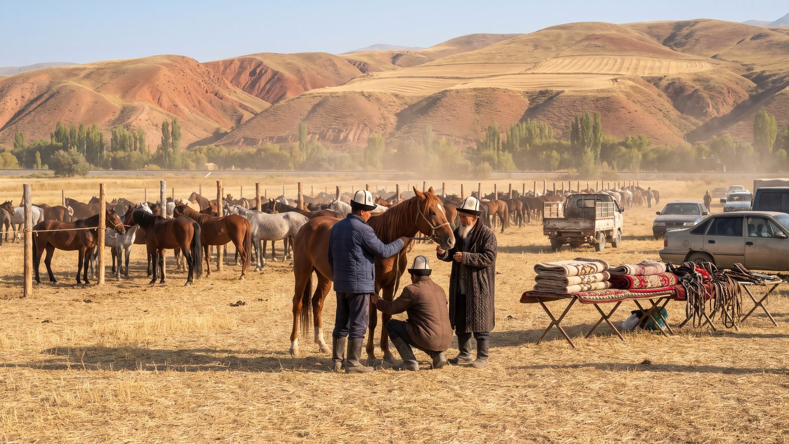 Men inspecting a horse at the Kyzyl-Adyr horse fair, with red hills behind