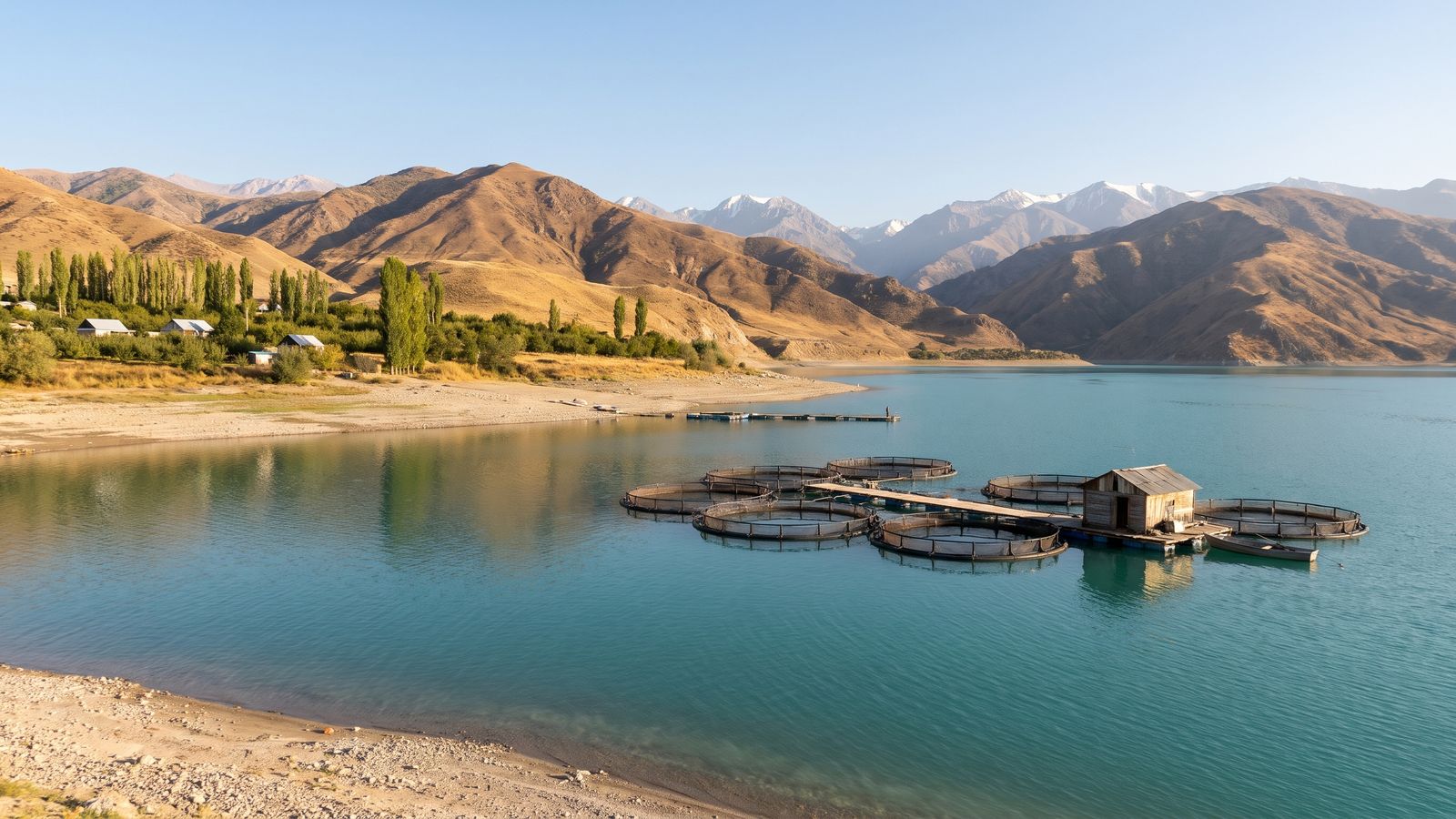 Trout cages on the turquoise Toktogul Reservoir below the mountains