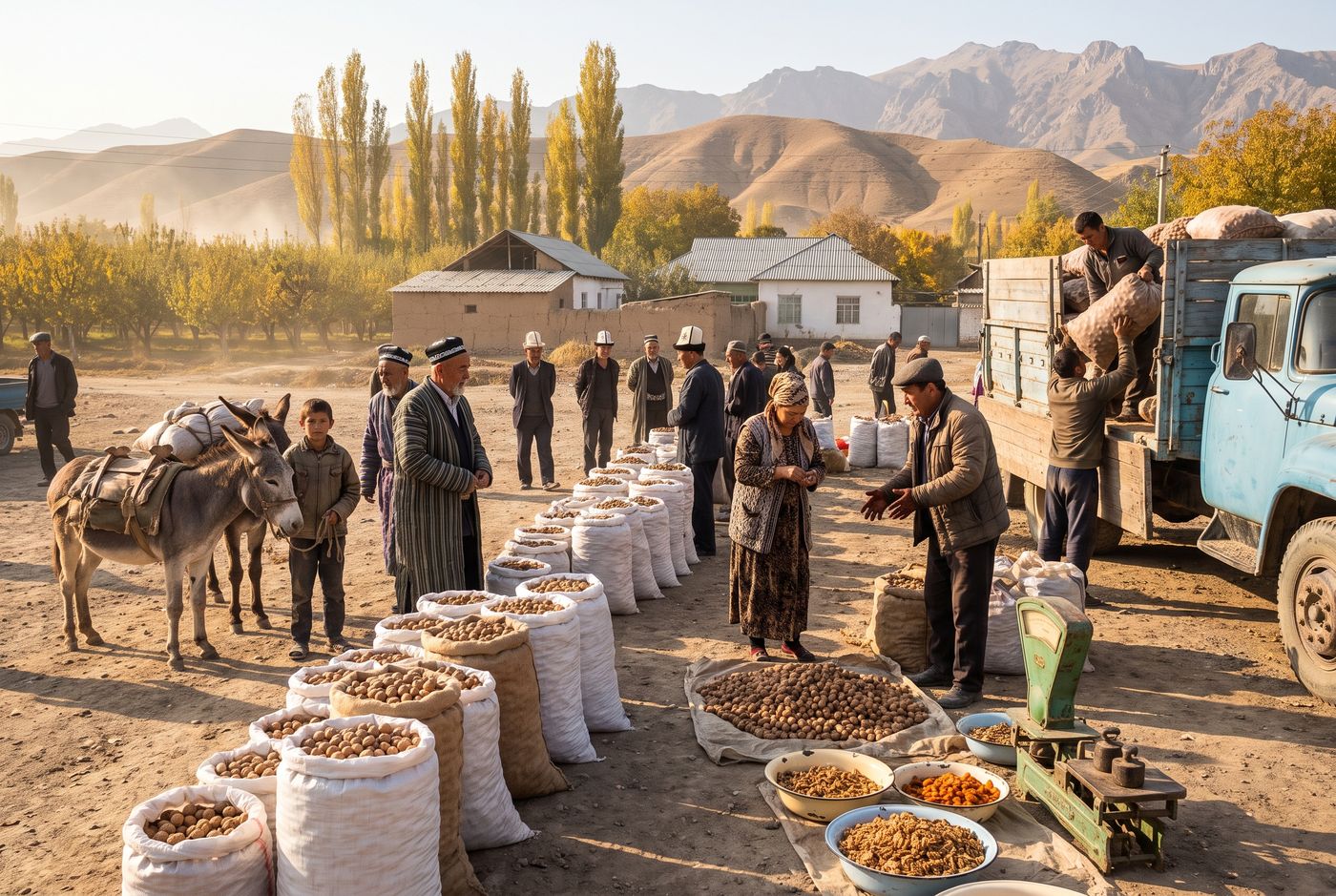 Sacks of walnuts and donkeys at the walnut bazaar in Bazar-Korgon