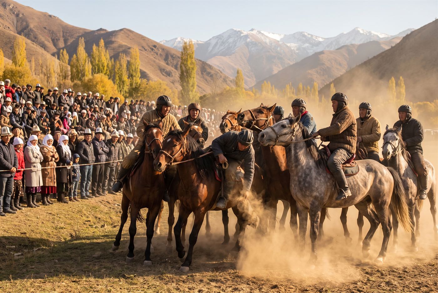 Riders in a dusty scrum during a game of ulak tartysh at a valley festival