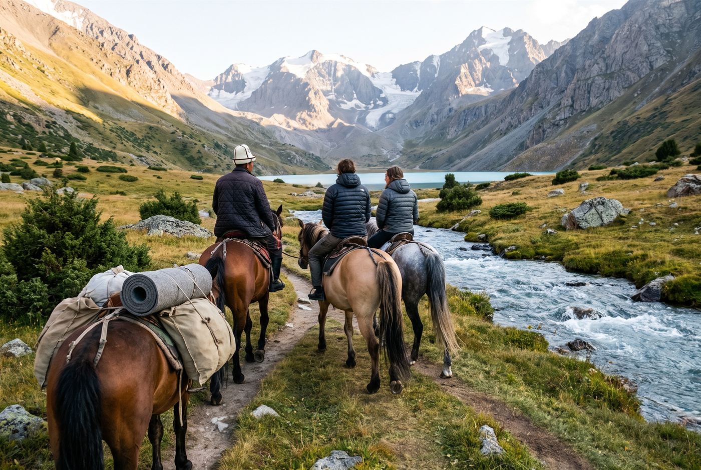 A guide leads riders up a mountain valley in Besh-Tash National Park