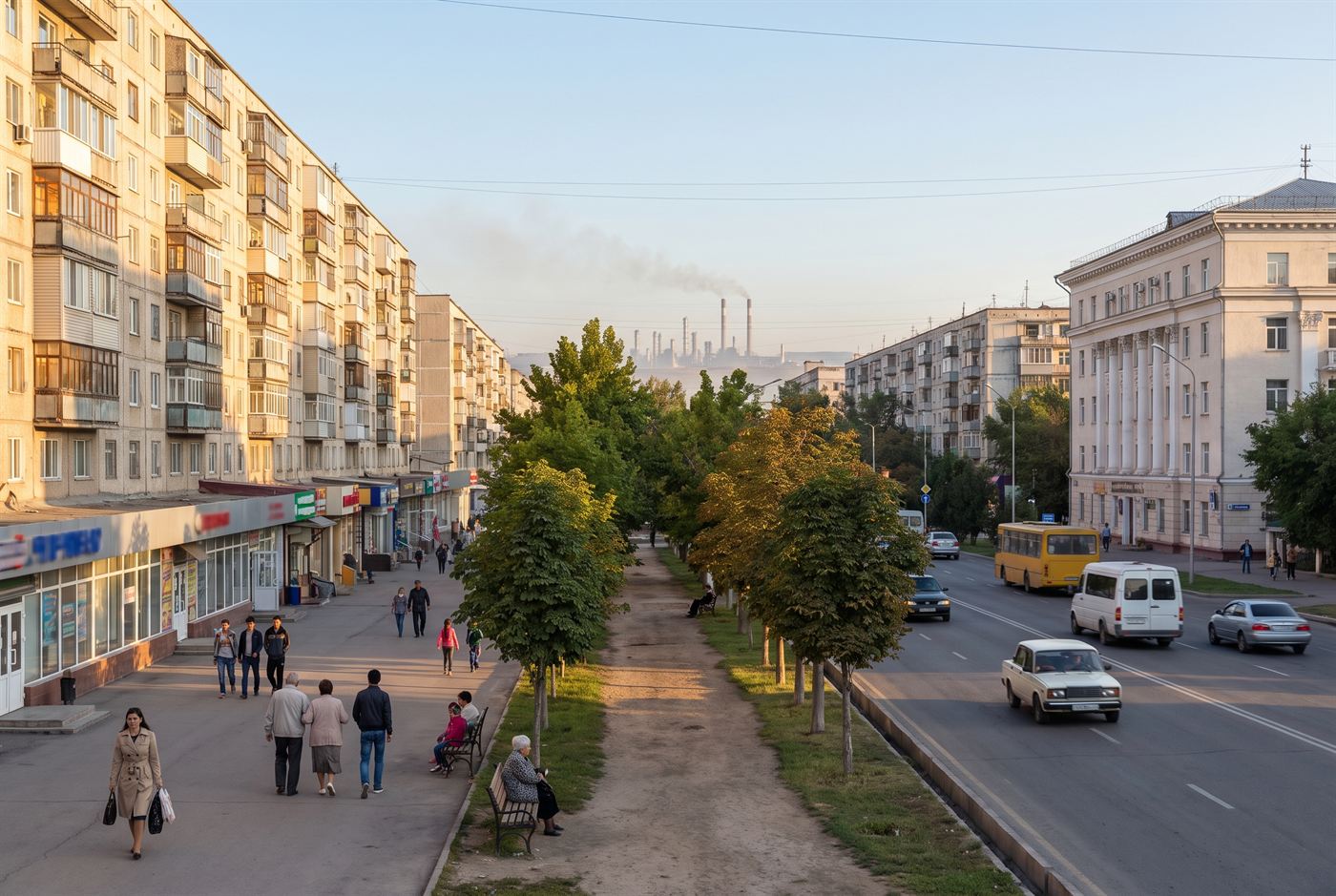 A wide Soviet-era boulevard in Nurzhan in the evening