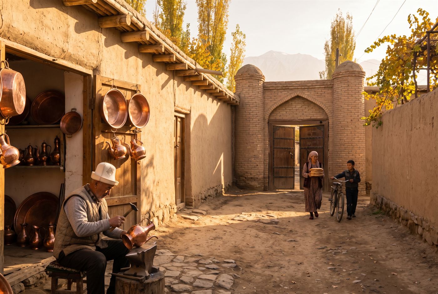 A lane of mud-brick courtyard houses leading to the Temir-Kapka gate in the Old City of Talas